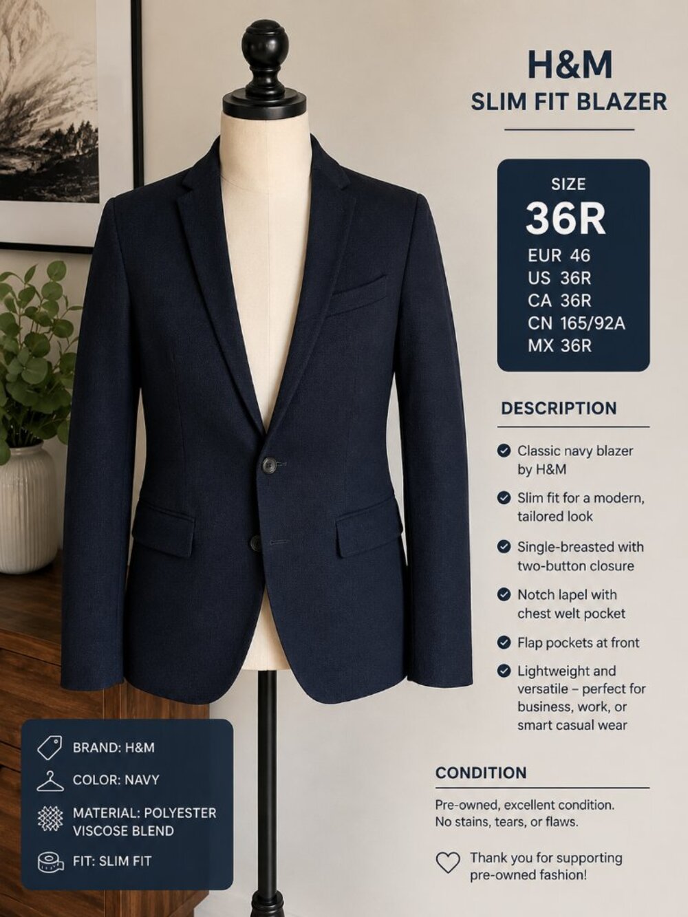 H&M Men’s Navy Slim Fit Blazer – Size 36R – Modern Tailored Jacket